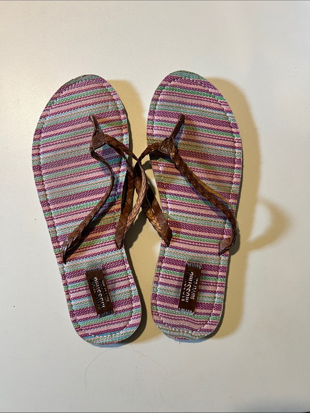 Multicolor Striped Flip Flops with Brown Braided Straps Size 11 Women’s